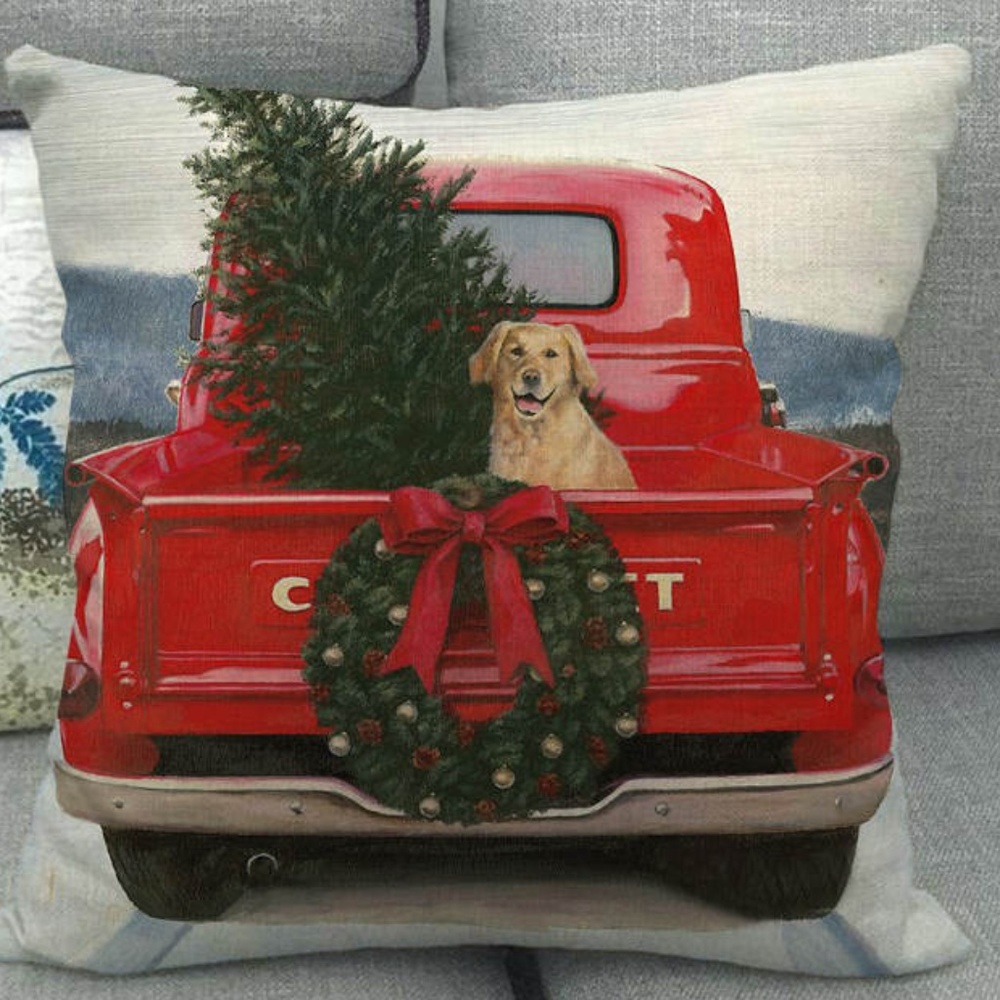 COPY - Pillow Cover- NEW- Red Truck Christmas Lab Dog
